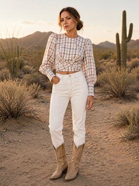 Veronica Beard Nyla Top in White/Multicolor Check Plaid Cotton Blend Size 8